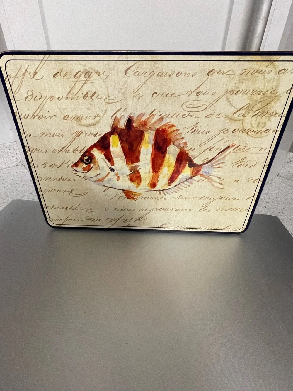 Williams Sonoma La Mer Cork Brown Fish  Placemat Theme 16x12 Like New Blue Trim